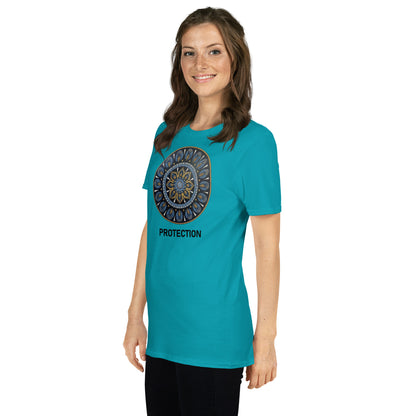 Unisex Softstyle T-Shirt (mandala with gold outer rim | on front | PROTECTION in black lettering)