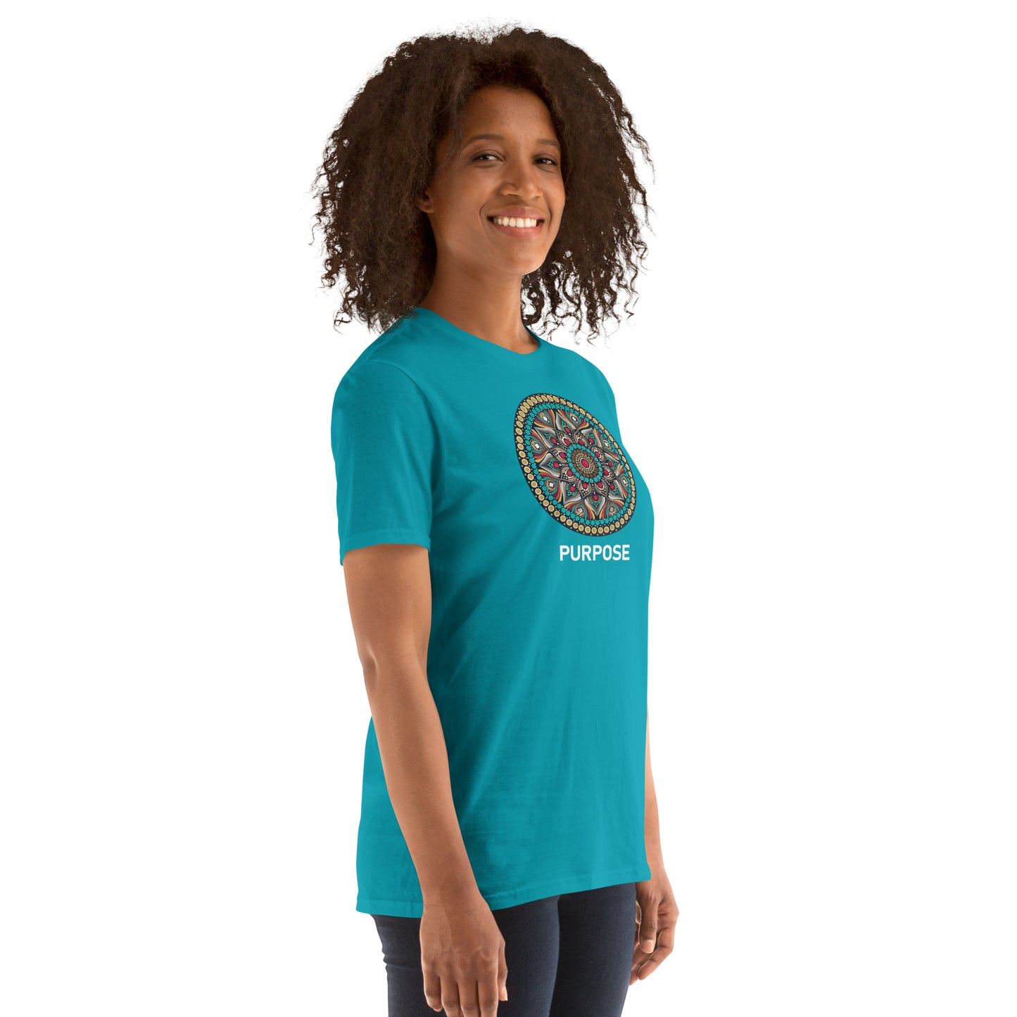 Unisex Softstyle T-Shirt (mandala with red core on front | PURPOSE in white lettering)