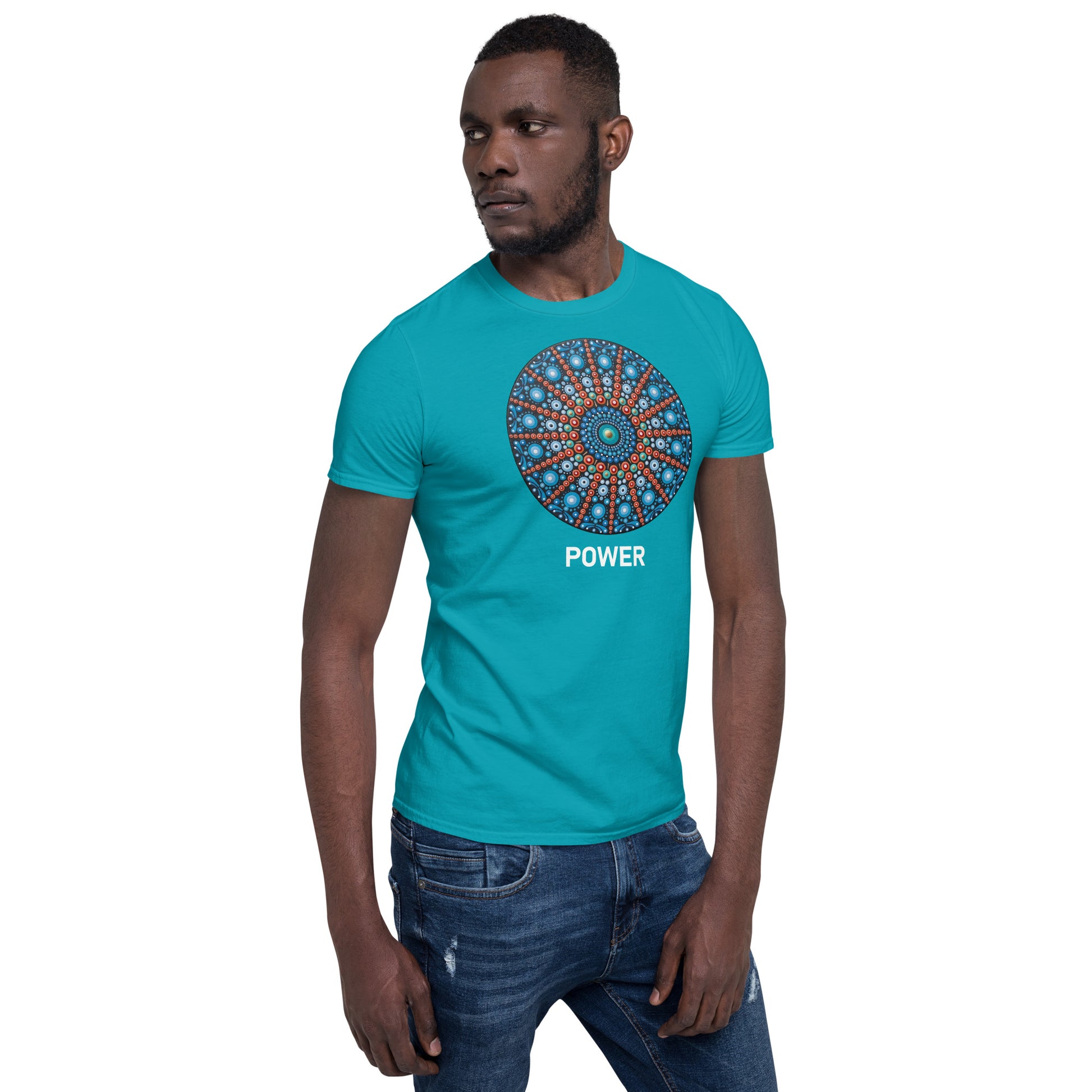 Unisex Softstyle T-Shirt (mandala with red lines | on front | POWER in white lettering)