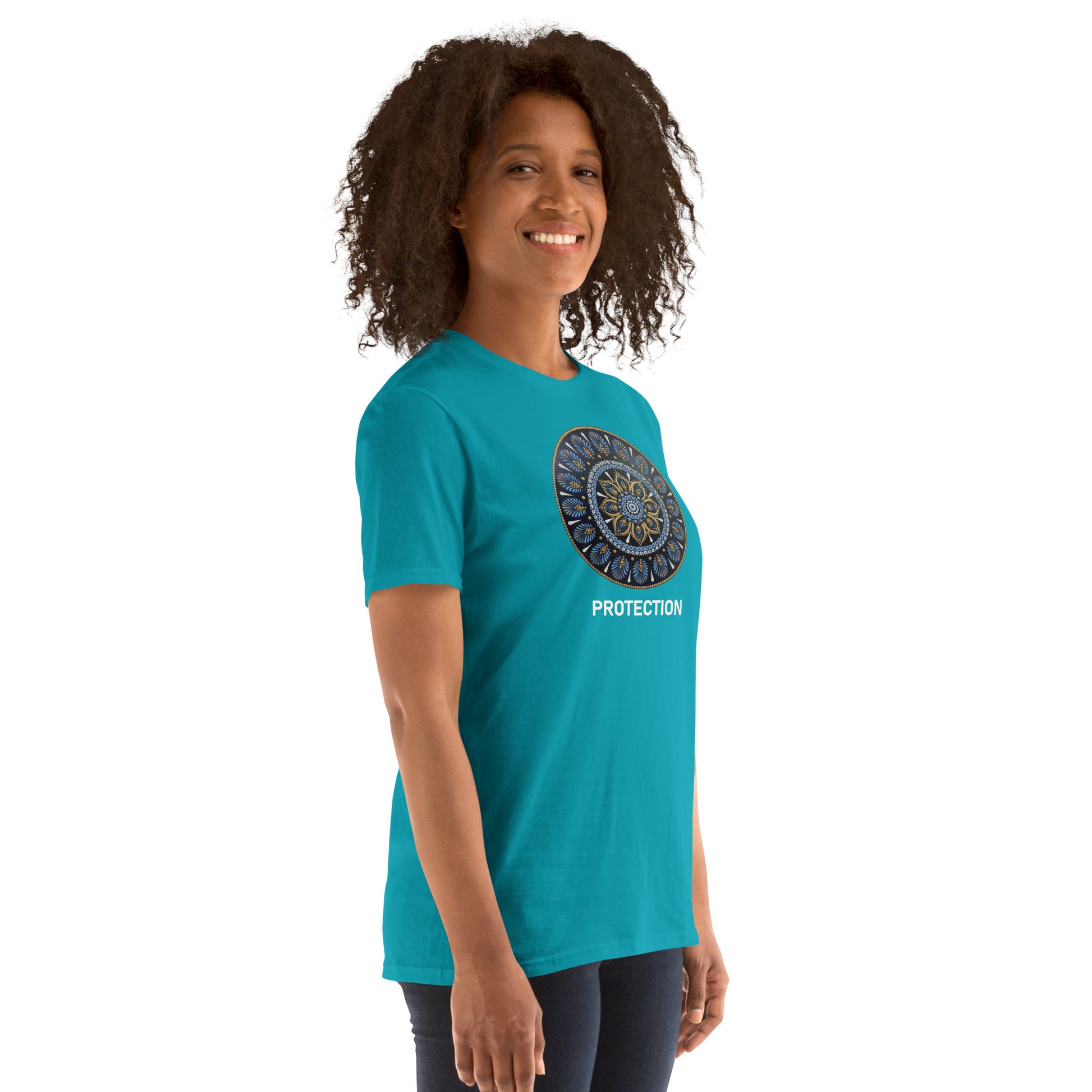 Unisex Softstyle T-Shirt (mandala with gold rim | on front | PROTECTION in white lettering)
