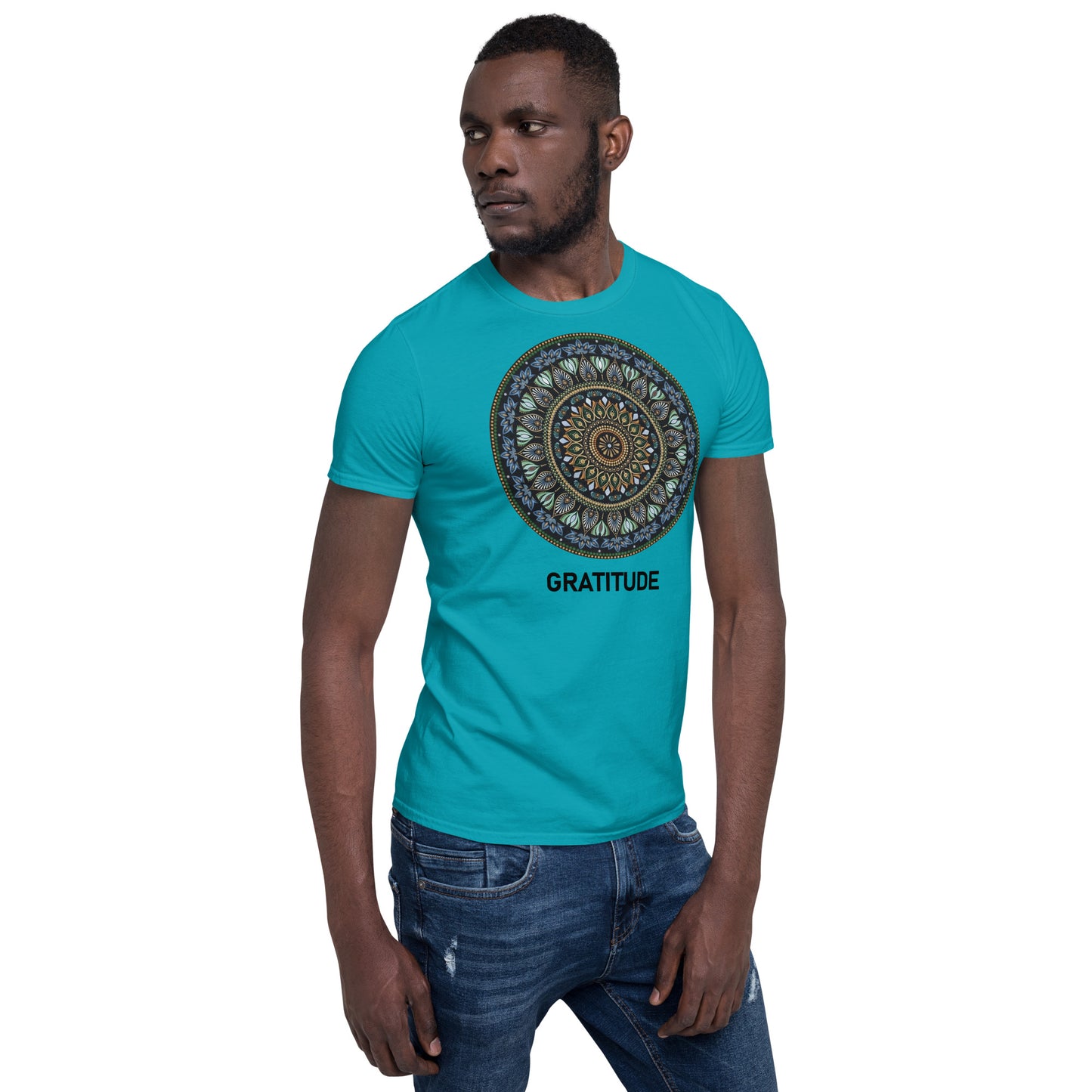 Unisex Softstyle T-Shirt (mandala green and gold rim | on front | GRATITUDE in black lettering)