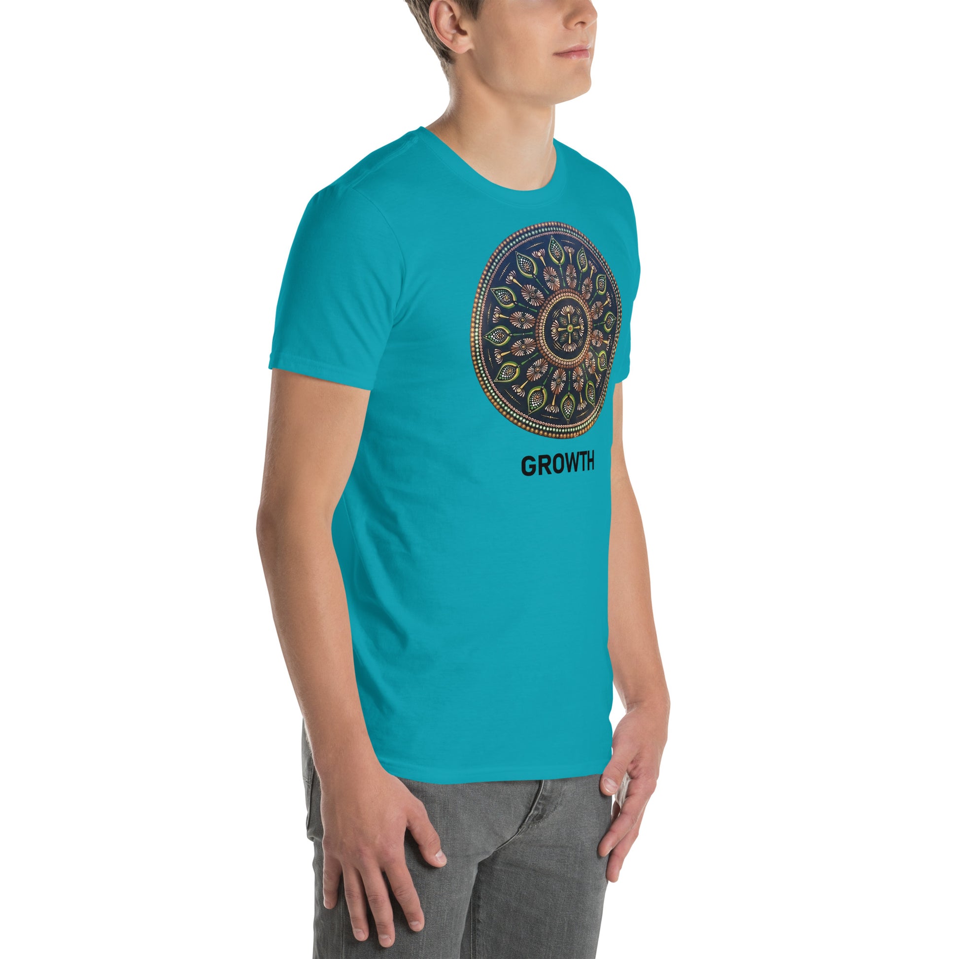 Unisex Softstyle T-Shirt (mandala with cross in the core | on front | GROWTH in black lettering)