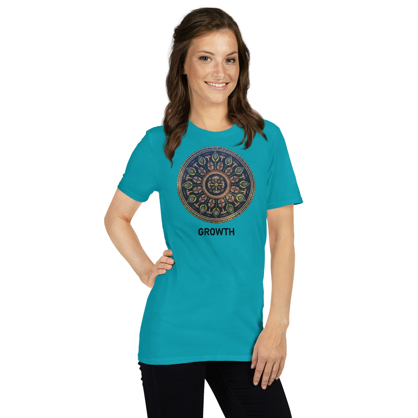 Unisex Softstyle T-Shirt (mandala with cross in the core | on front | GROWTH in black lettering)