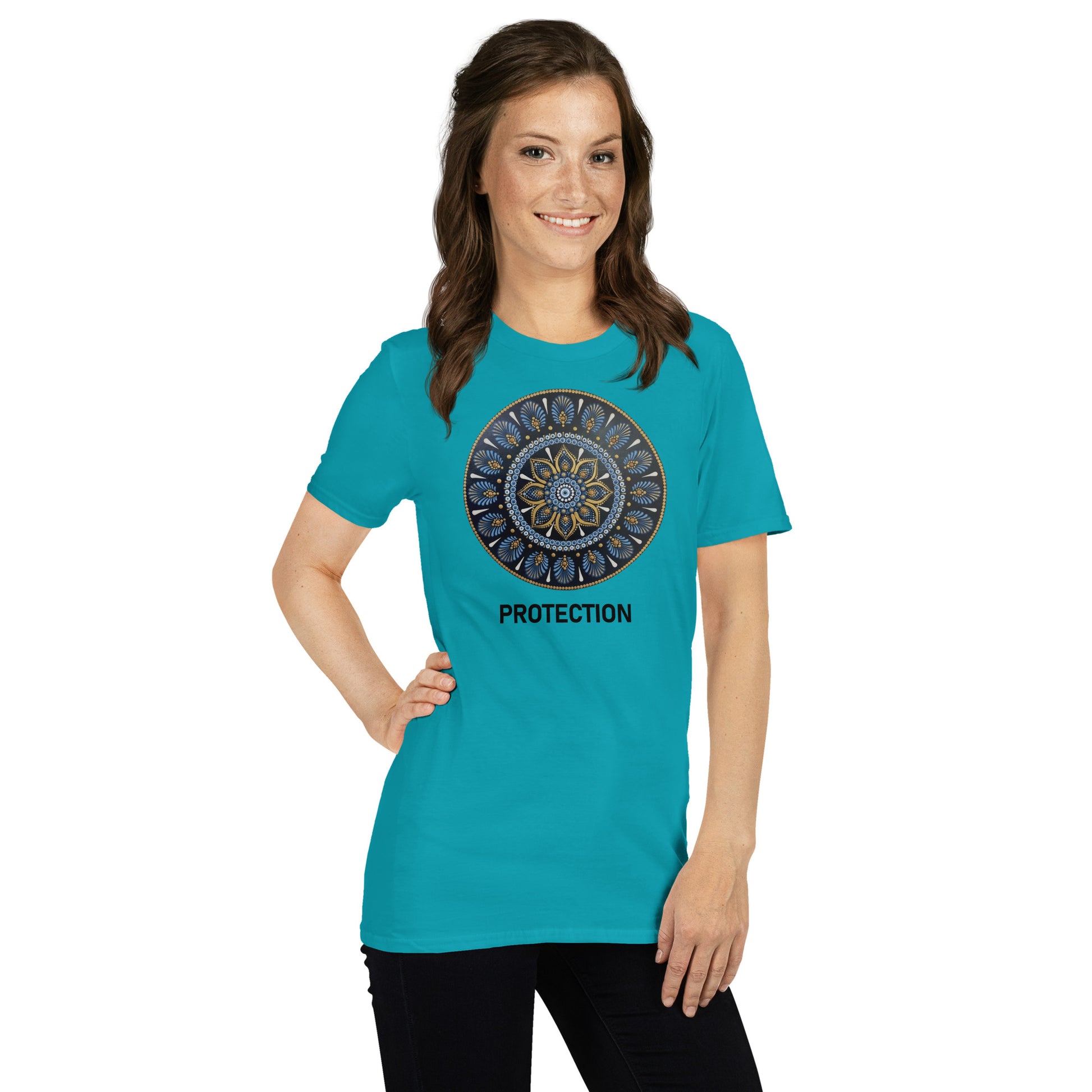 Unisex Softstyle T-Shirt (mandala with gold outer rim | on front | PROTECTION in black lettering)