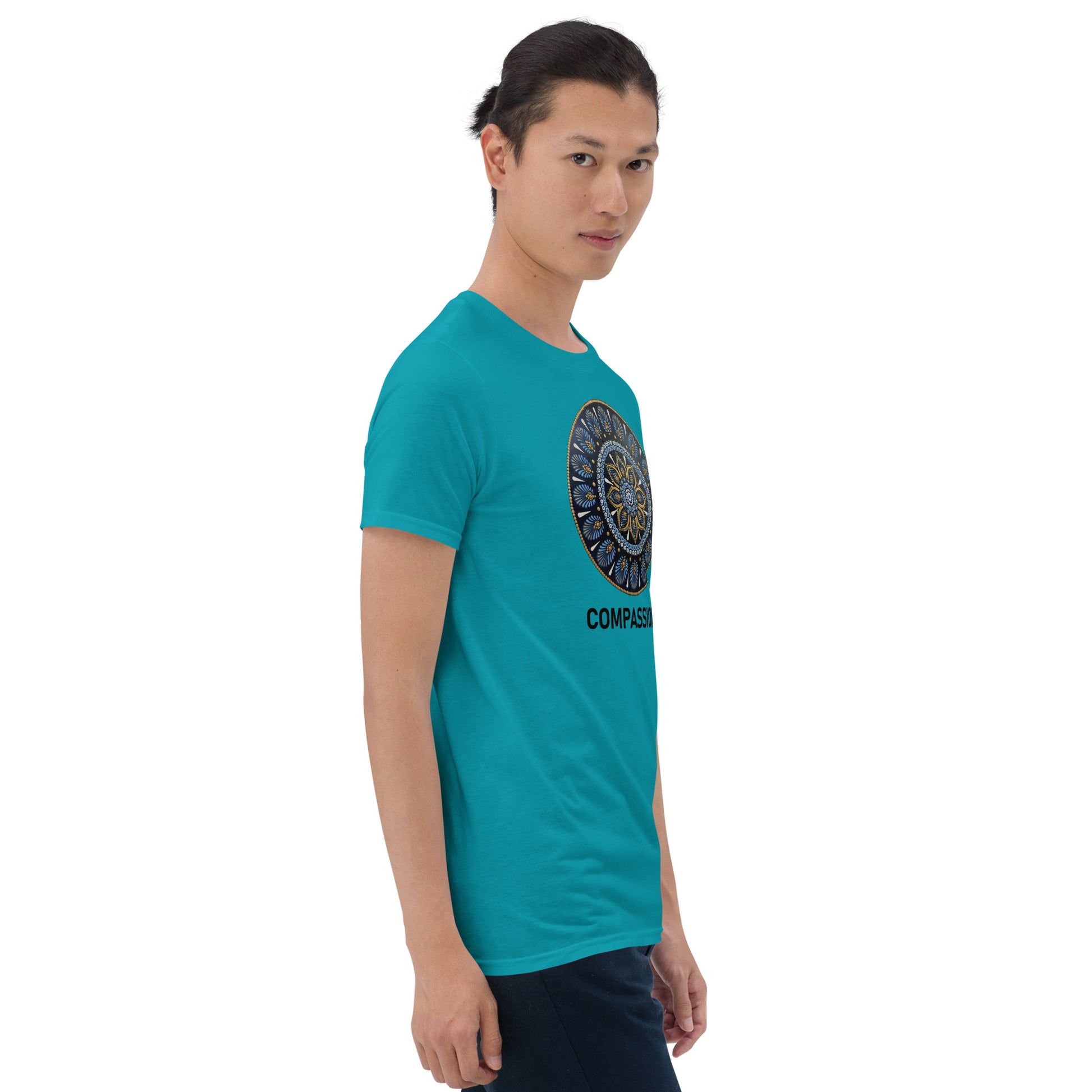 Unisex Softstyle T-Shirt (mandala with gold rim | on front | COMPASSION in black lettering)