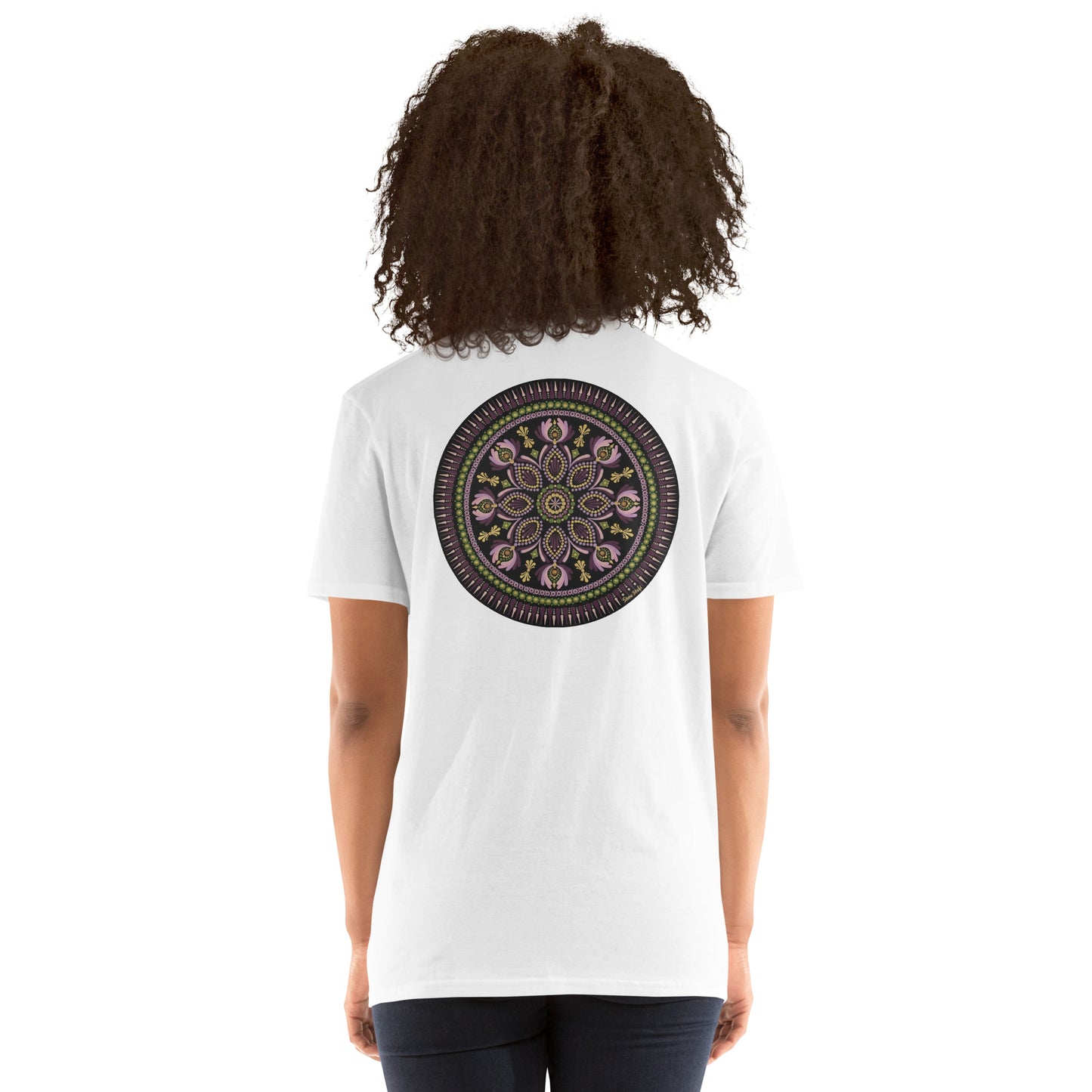 Unisex Softstyle T-Shirt (mandala with magenta rim on back | KINDNESS in black lettering on front)