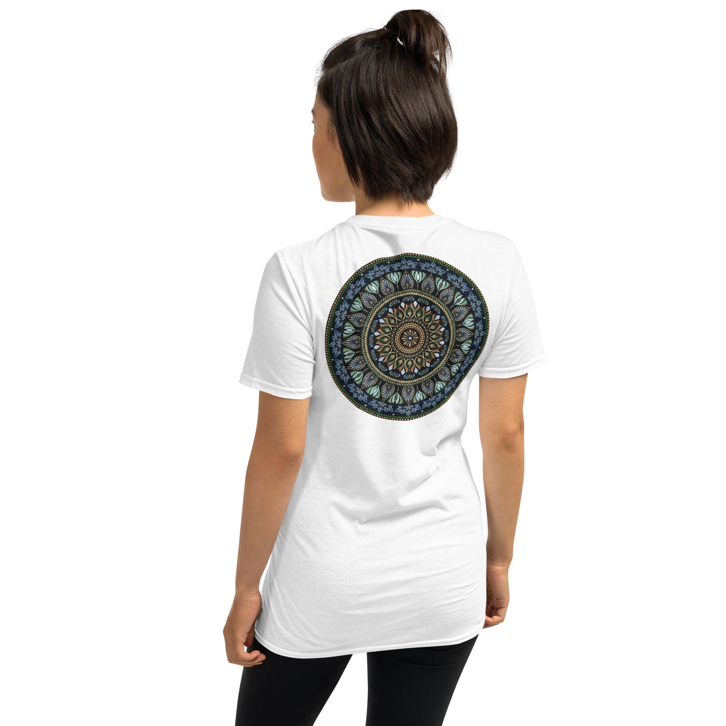 Unisex Softstyle T-Shirt (mandala green and gold rim on back | GRATITUDE in black lettering on front)