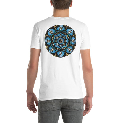 Unisex Softstyle T-Shirt (mandala with spokes in core on back | WISDOM in black lettering on front)