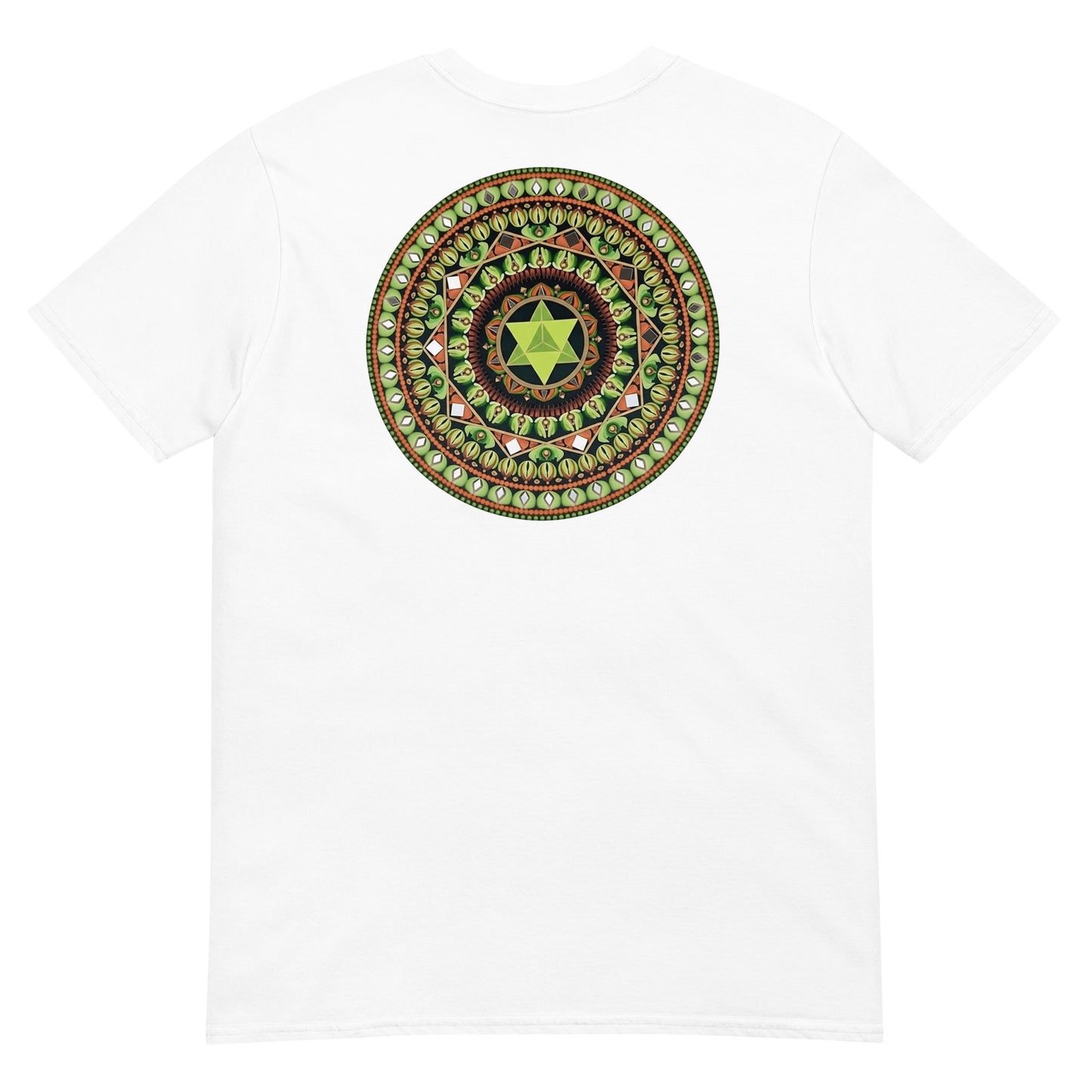 Unisex Softstyle T-Shirt (mandala with green star on back | HARMONY in black lettering on front)