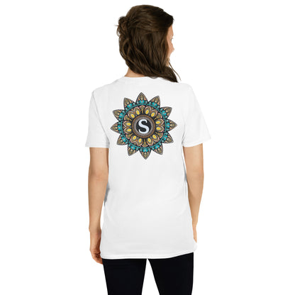 Unisex Softstyle T-Shirt (mandala with "S" in core on back | SHINE in black lettering on front)