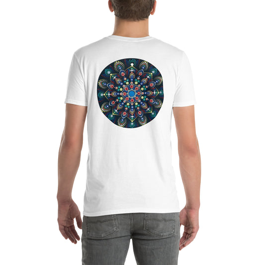 Unisex Softstyle T-Shirt (mandala with colorful dots on back | JOY in black lettering on front)