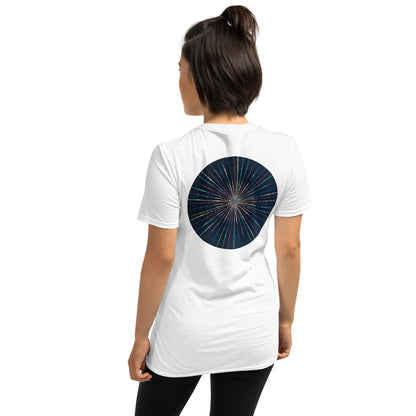 Unisex Softstyle T-Shirt (mandala with streams of light on back | EXPANSION in black lettering on front)