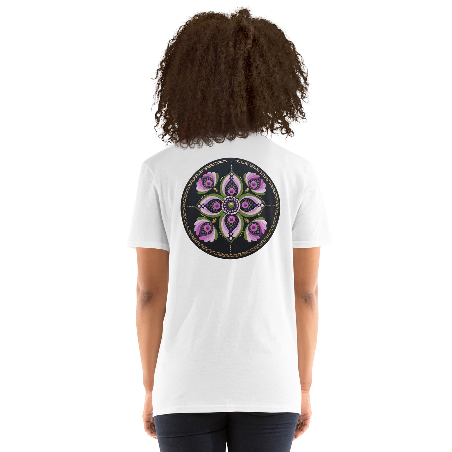 Unisex Softstyle T-Shirt (mandala with purple petals on back | GRACE in black lettering on front)