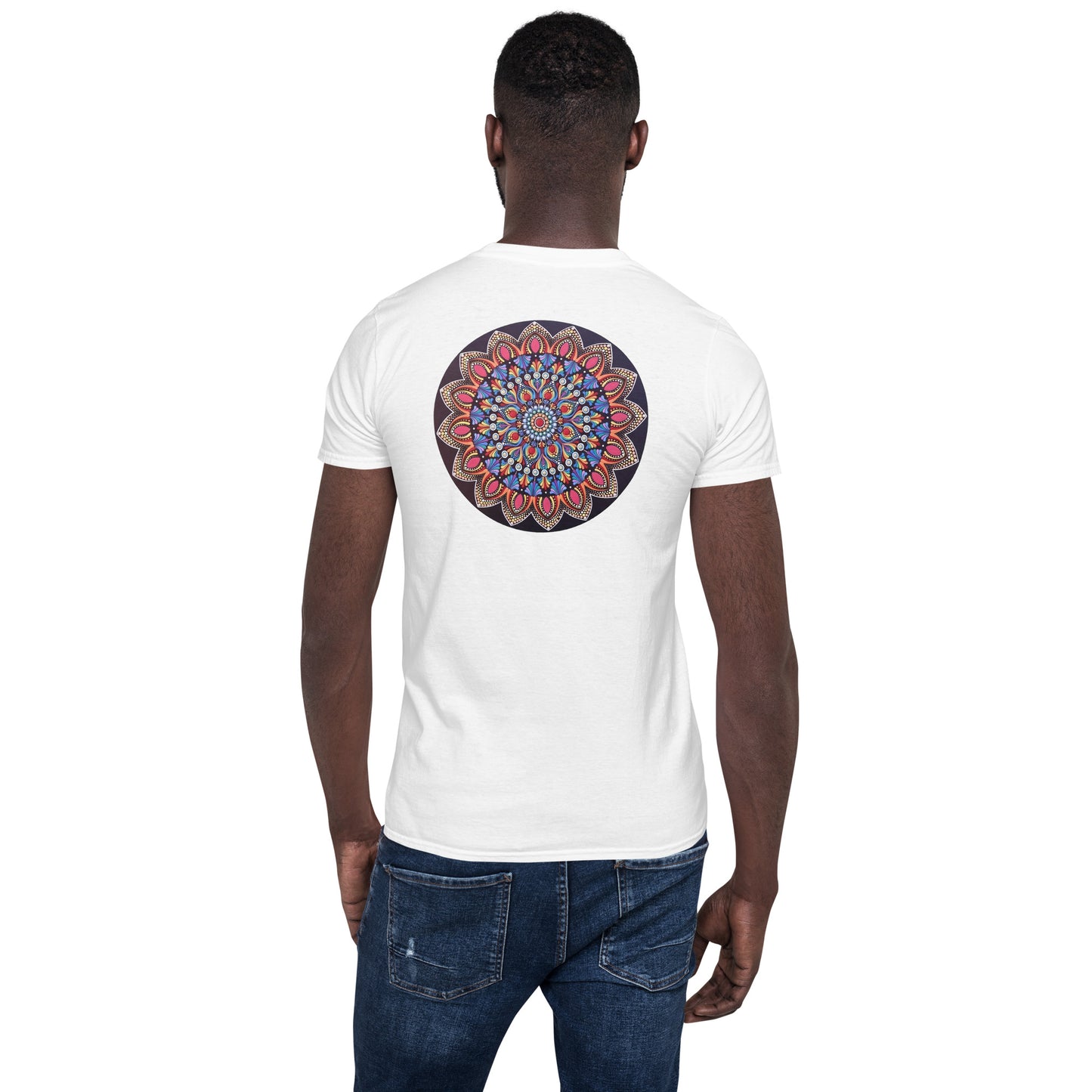 Unisex Softstyle T-Shirt (mandala with pink petals on back | VITALITY in black lettering on front)