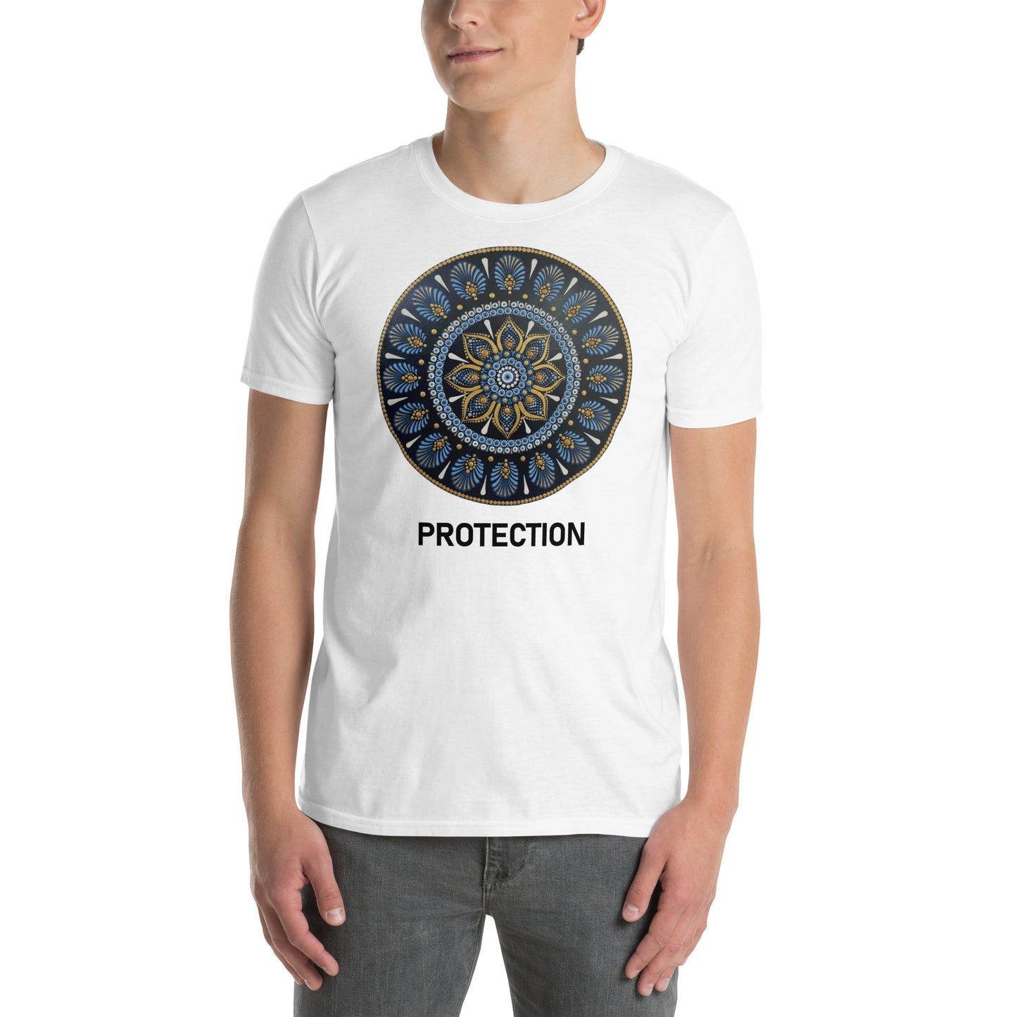 Unisex Softstyle T-Shirt (mandala with gold rim on front | PROTECTION in black lettering)