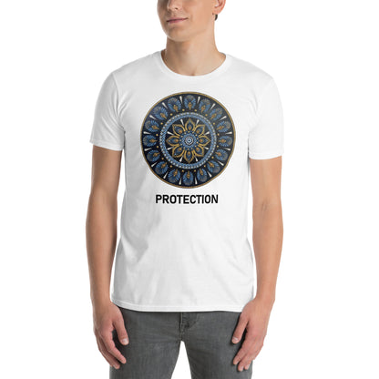 Unisex Softstyle T-Shirt (mandala with gold rim on front | PROTECTION in black lettering)