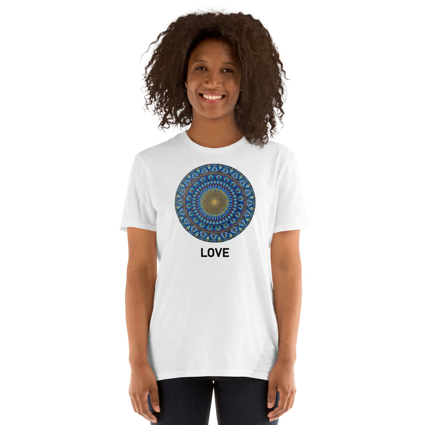 Unisex Softstyle T-Shirt (mandala with golden core | on front | LOVE in black lettering)