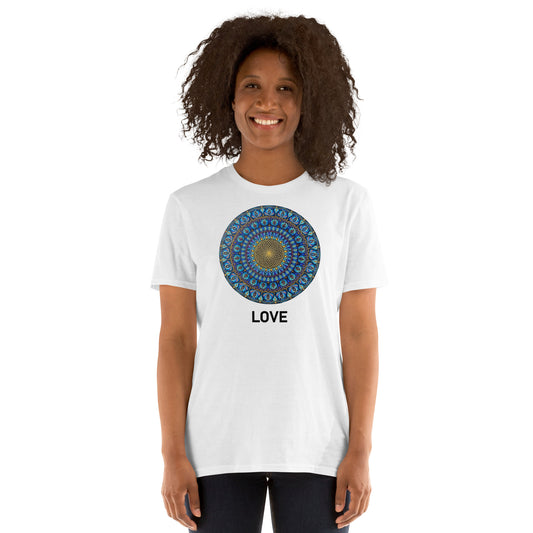 Unisex Softstyle T-Shirt (mandala with golden core | on front | LOVE in black lettering)