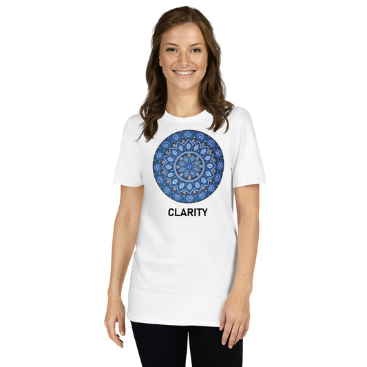 Unisex Softstyle T-Shirt (all blue mandala | on front | CLARITY in black lettering)