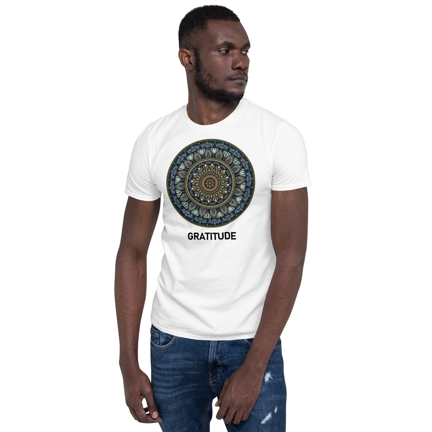 Unisex Softstyle T-Shirt (mandala green and gold rim | on front | GRATITUDE in black lettering)