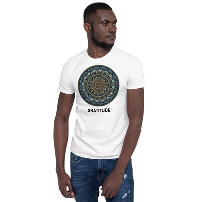 Unisex Softstyle T-Shirt (mandala green and gold rim | on front | GRATITUDE in black lettering)
