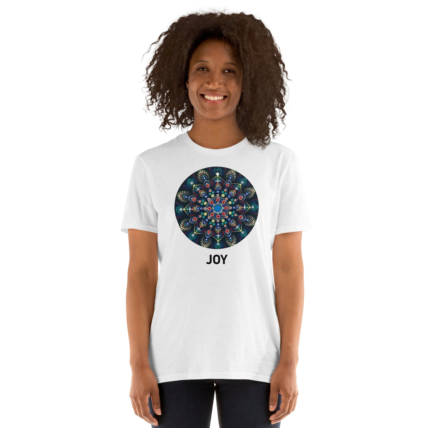 Unisex Softstyle T-Shirt (mandala with colorful dots | on front | JOY in black lettering)