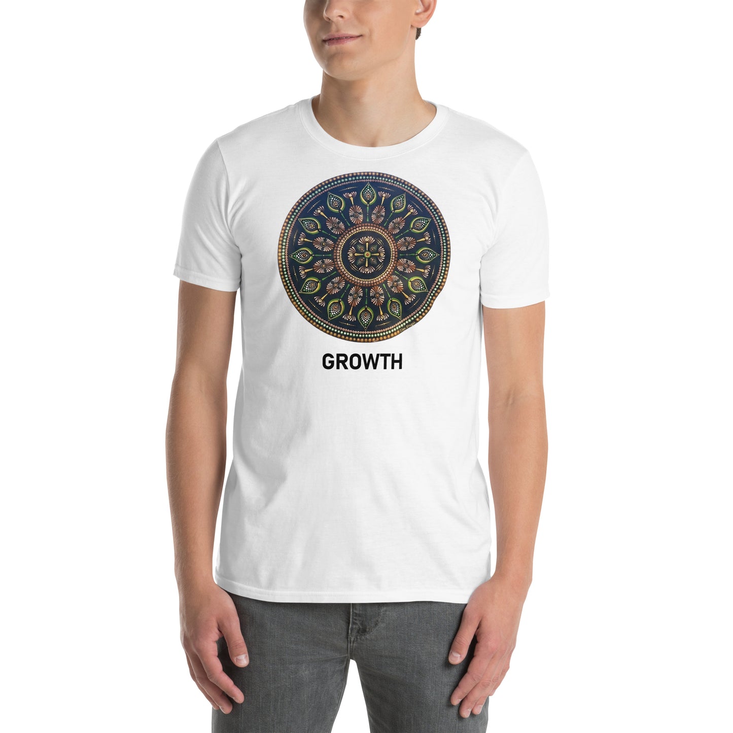Unisex Softstyle T-Shirt (mandala with cross in the core | on front | GROWTH in black lettering)