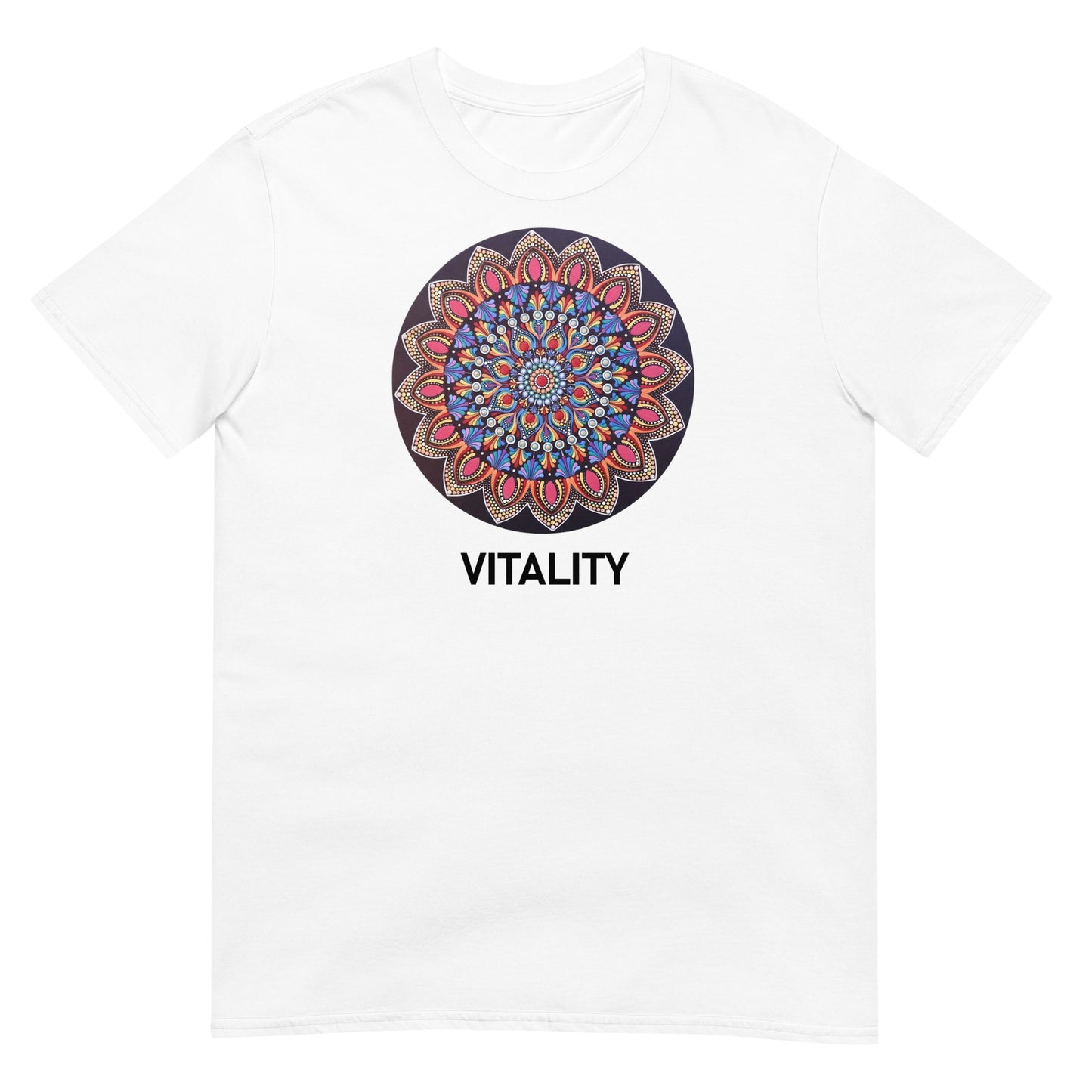 Unisex Softstyle T-Shirt (mandala with pink petals | on front | VITALITY in black lettering)
