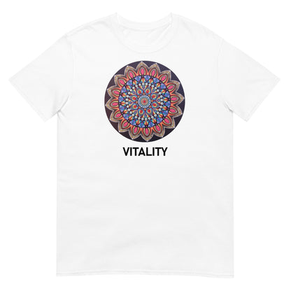 Unisex Softstyle T-Shirt (mandala with pink petals | on front | VITALITY in black lettering)