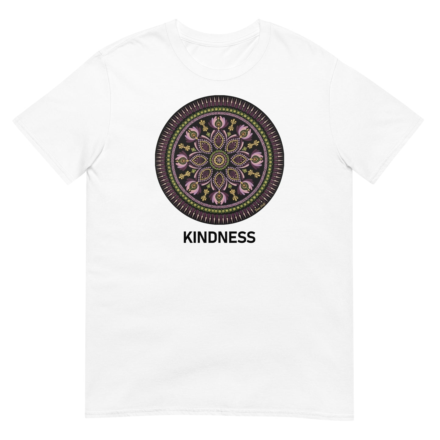 Unisex Softstyle T-Shirt (mandala with magenta rim | on front | KINDNESS in black lettering)