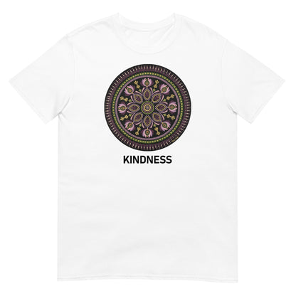 Unisex Softstyle T-Shirt (mandala with magenta rim | on front | KINDNESS in black lettering)