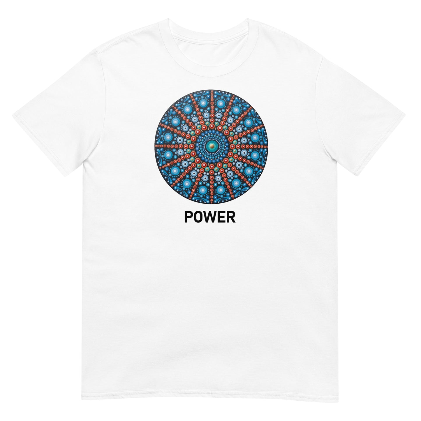 Unisex Softstyle T-Shirt (mandala with red lines | on front | POWER in black lettering)