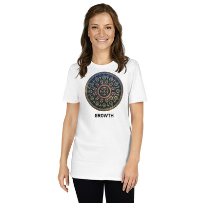 Unisex Softstyle T-Shirt (mandala with cross in the core | on front | GROWTH in black lettering)