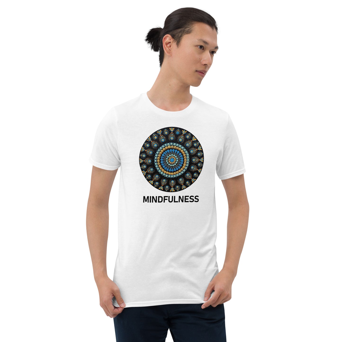Unisex Softstyle T-Shirt (mandala with blue dots and black back | on front | MINDFULNESS in black lettering)