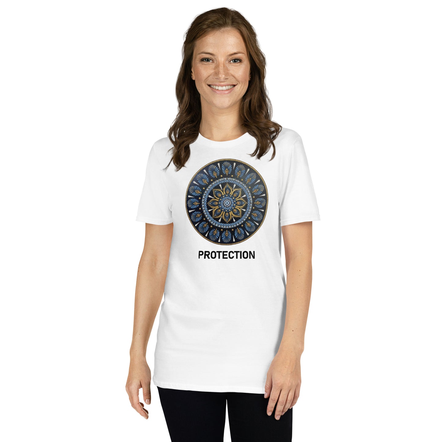 Unisex Softstyle T-Shirt (mandala with gold outer rim | on front | PROTECTION in black lettering)