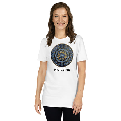 Unisex Softstyle T-Shirt (mandala with gold outer rim | on front | PROTECTION in black lettering)