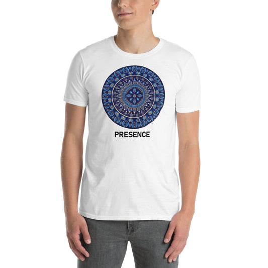 Unisex Softstyle T-Shirt (mandala with 4 diamonds | on front | PRESENCE in black lettering)