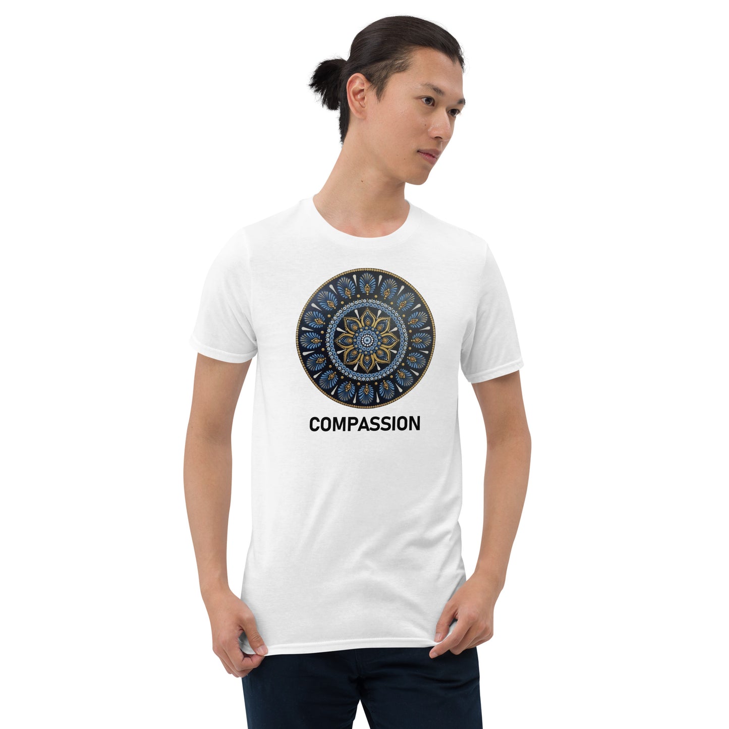 Unisex Softstyle T-Shirt (mandala with gold rim | on front | COMPASSION in black lettering)