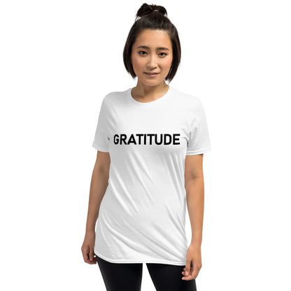 Unisex Softstyle T-Shirt (mandala green and gold rim on back | GRATITUDE in black lettering on front)