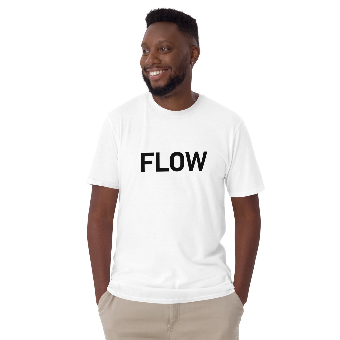 Unisex Softstyle T-Shirt (mandala with golden core on back | FLOW in black lettering on front)