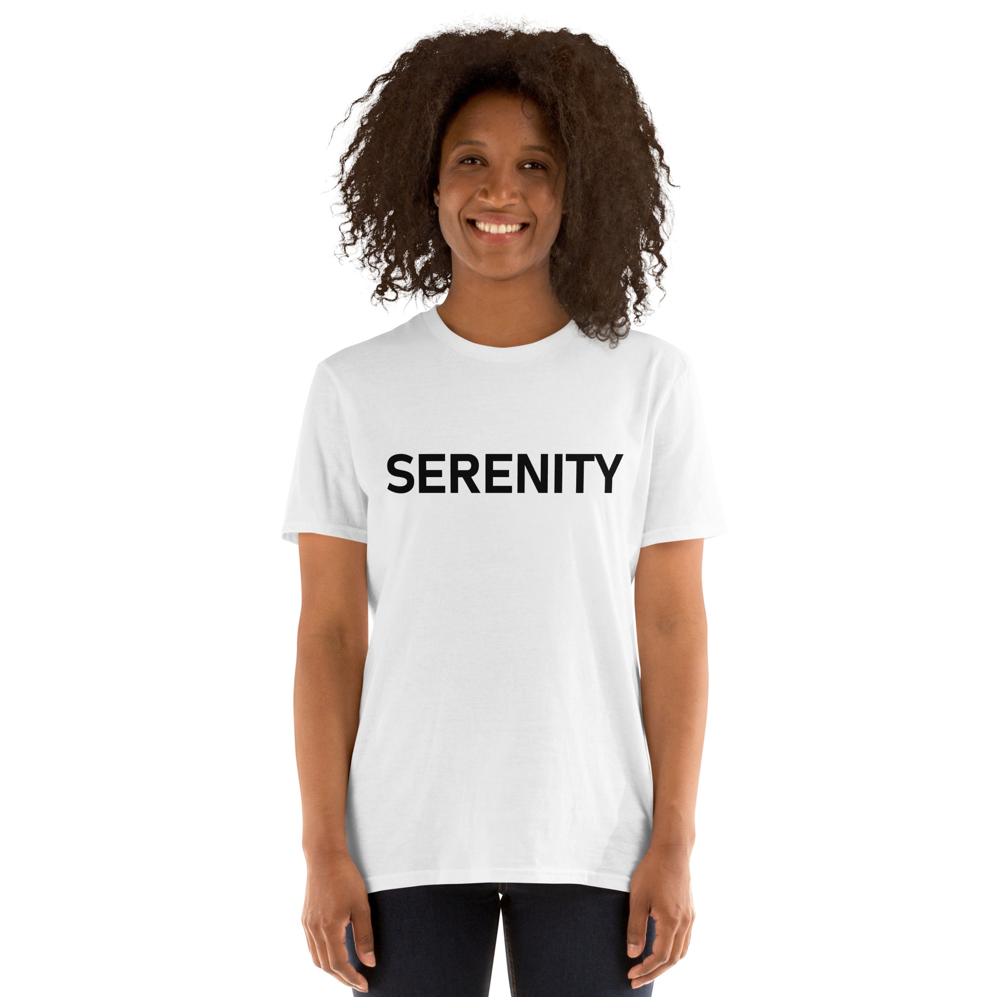 Unisex Softstyle T-Shirt (mandala with blue and white core on back | SERENITY in black lettering on front)