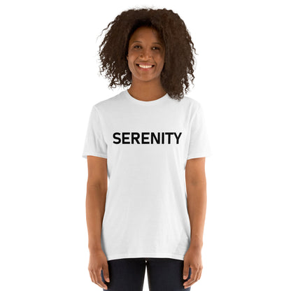 Unisex Softstyle T-Shirt (mandala with blue and white core on back | SERENITY in black lettering on front)