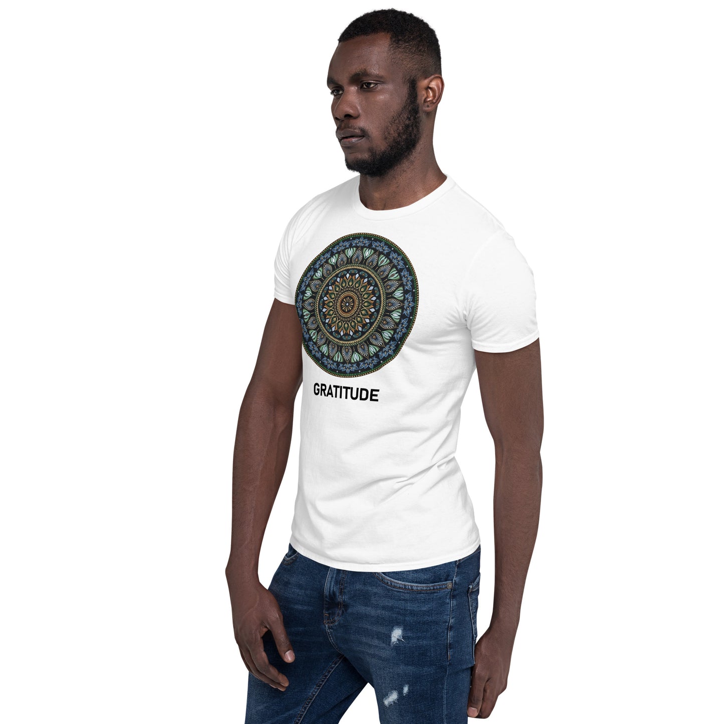 Unisex Softstyle T-Shirt (mandala green and gold rim | on front | GRATITUDE in black lettering)
