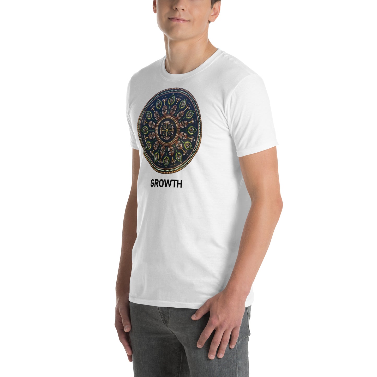 Unisex Softstyle T-Shirt (mandala with cross in the core | on front | GROWTH in black lettering)