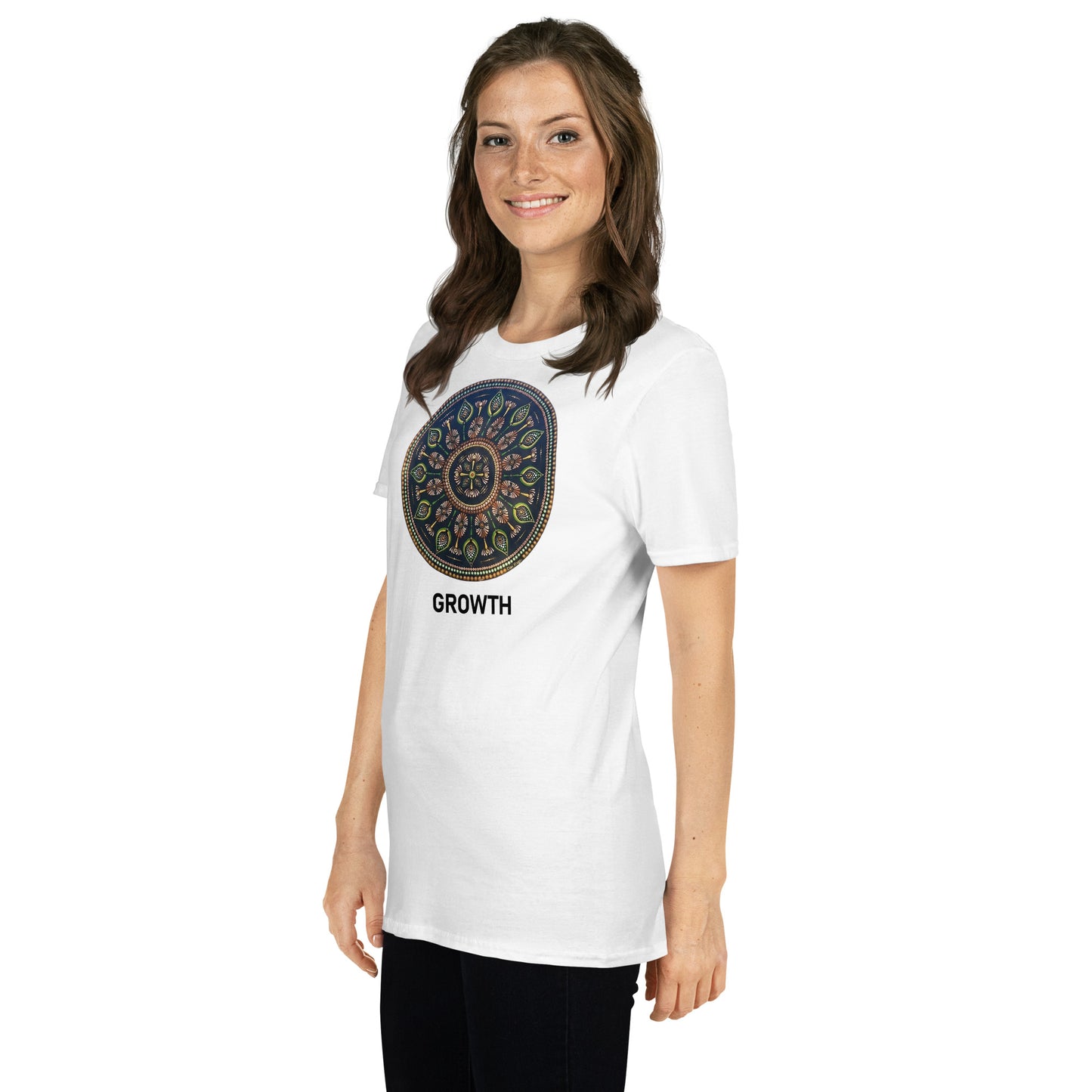Unisex Softstyle T-Shirt (mandala with cross in the core | on front | GROWTH in black lettering)