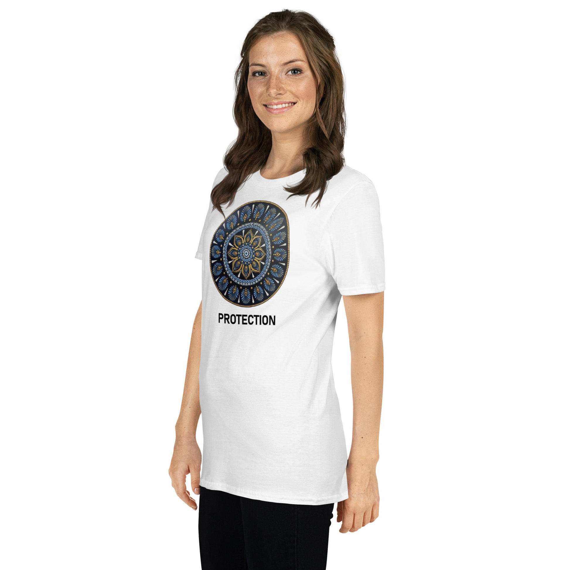 Unisex Softstyle T-Shirt (mandala with gold outer rim | on front | PROTECTION in black lettering)