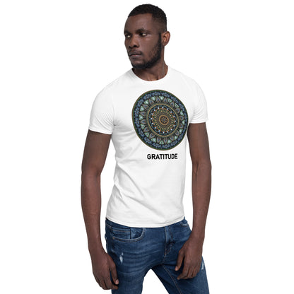 Unisex Softstyle T-Shirt (mandala green and gold rim | on front | GRATITUDE in black lettering)