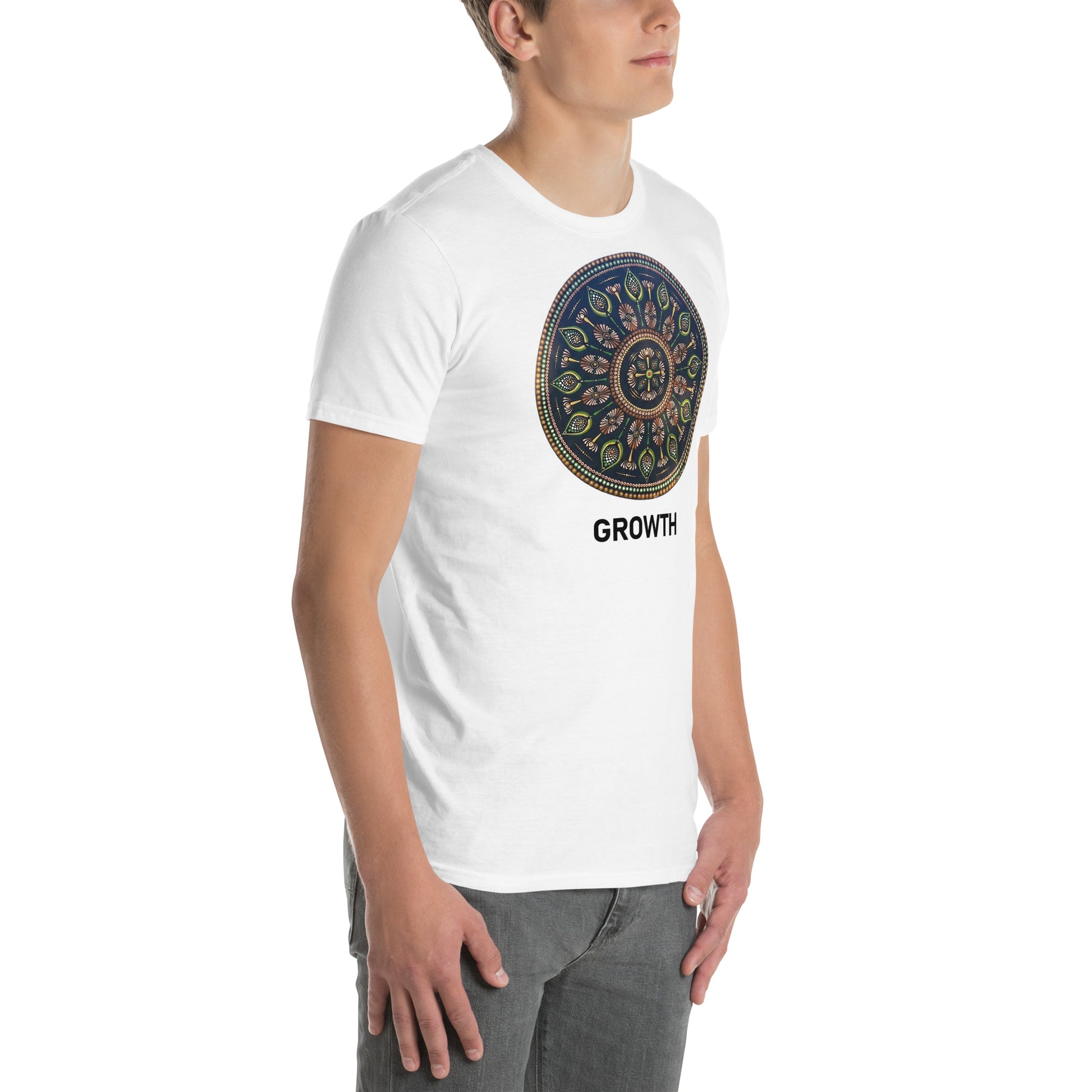 Unisex Softstyle T-Shirt (mandala with cross in the core | on front | GROWTH in black lettering)