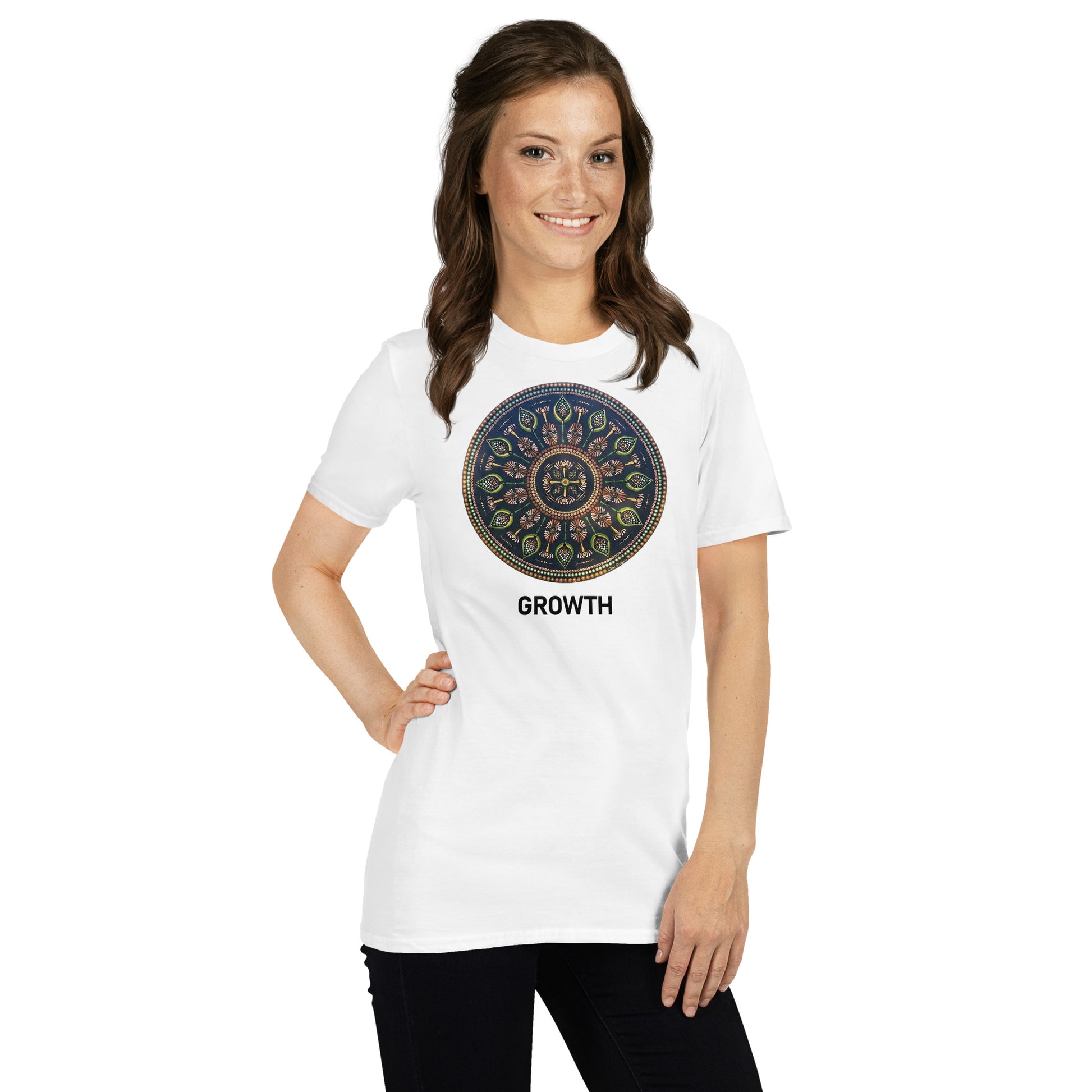 Unisex Softstyle T-Shirt (mandala with cross in the core | on front | GROWTH in black lettering)
