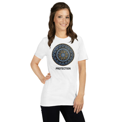 Unisex Softstyle T-Shirt (mandala with gold outer rim | on front | PROTECTION in black lettering)